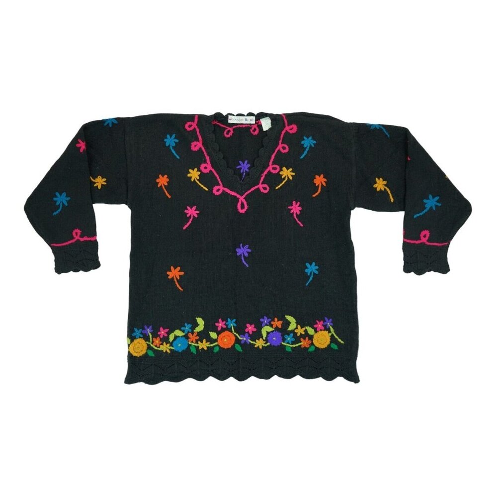 Vintage Christie Brooks Sweater‎ Large Black Embroidery Floral Cardigan